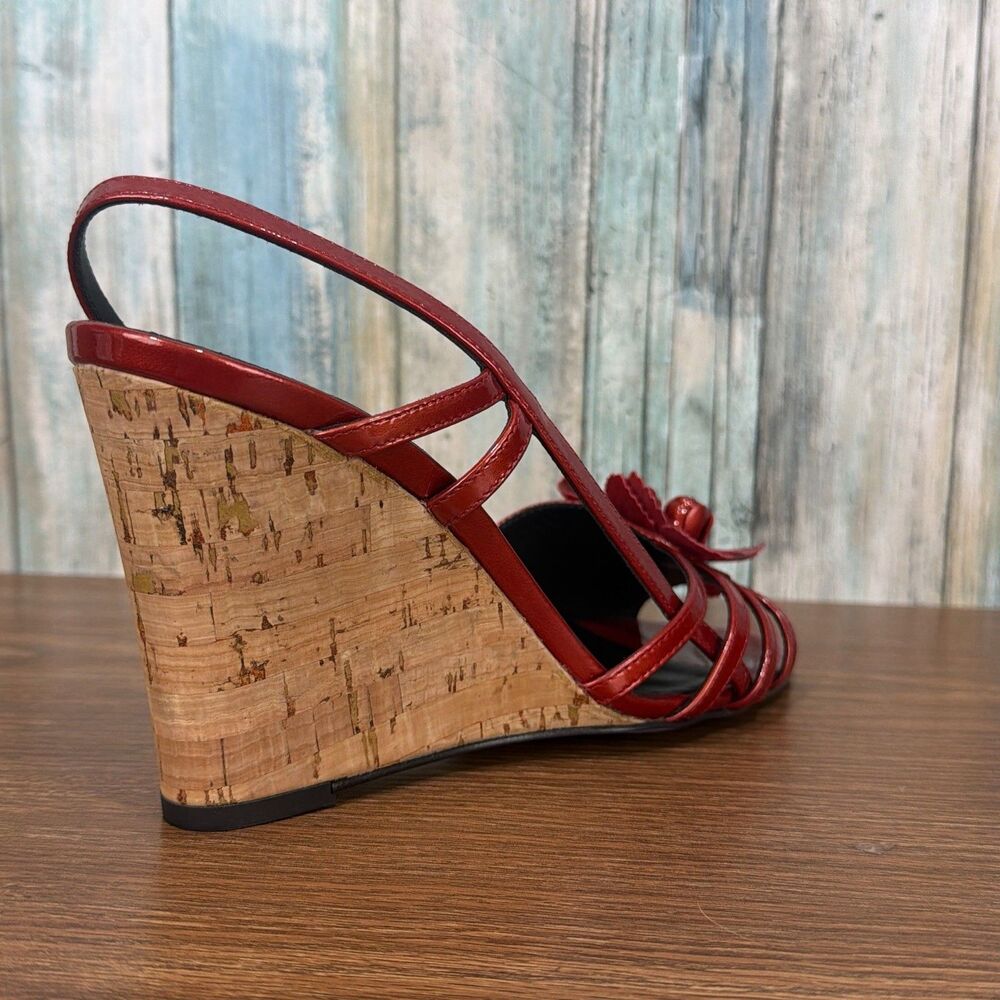 Donald J Pliner Womens 9.5 Red Leather Cork Wedge Slingback Flower Sandals - Picture 5 of 12